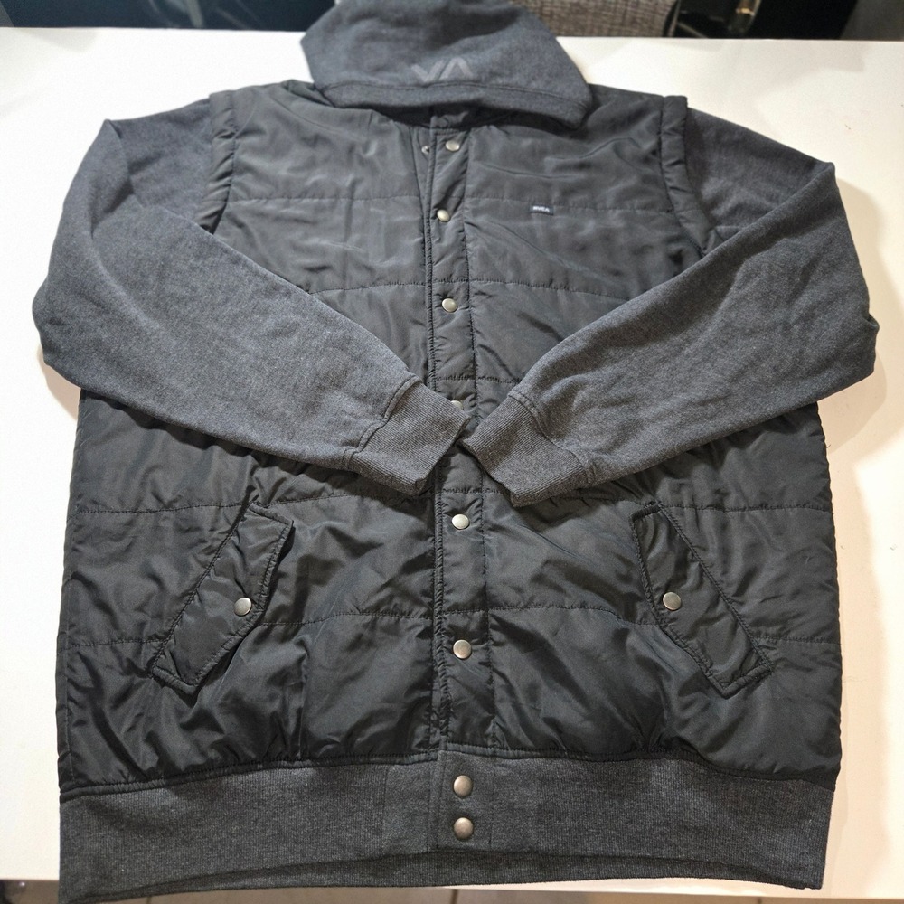 RVCA Mens Quilted Hooded Puffer Jacket Gray Black XXL Snap Front Bomber